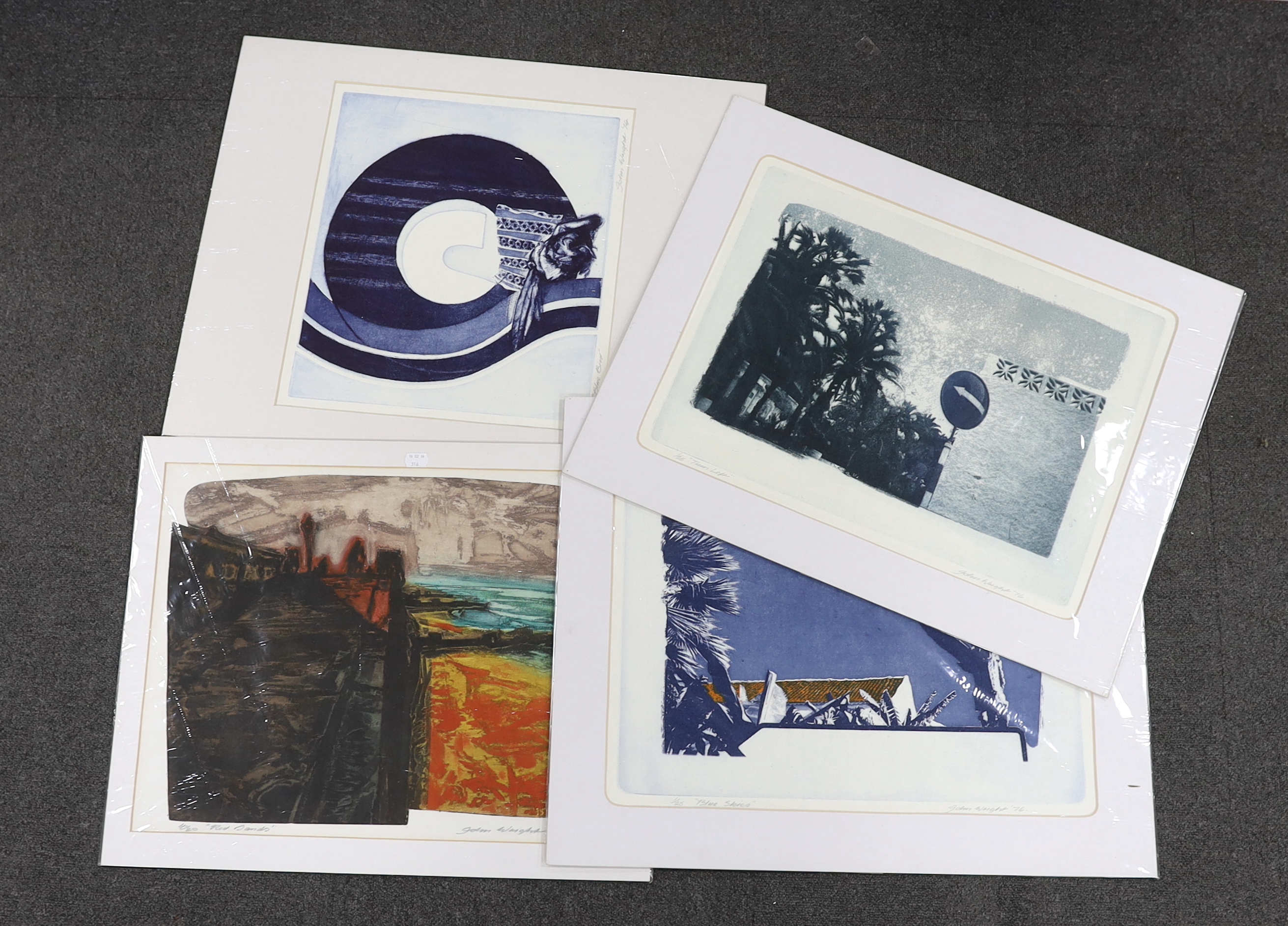 John Wright RE, ARCA (1927-2001), four colour prints, including ‘Blue Series’ and ‘Turn Left’, each limited edition, signed and dated in pencil, mounted, unframed, largest 51 x 39cm